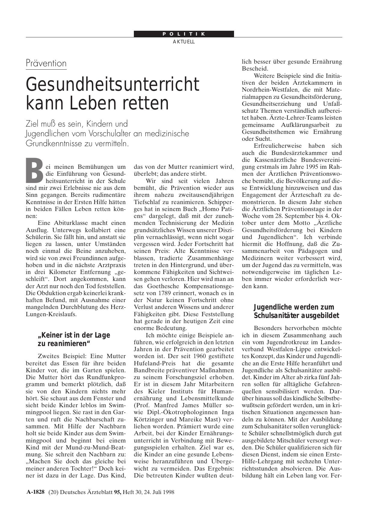 Vorschauseite 1: Prävention: Gesundheitsunterricht kann Leben retten