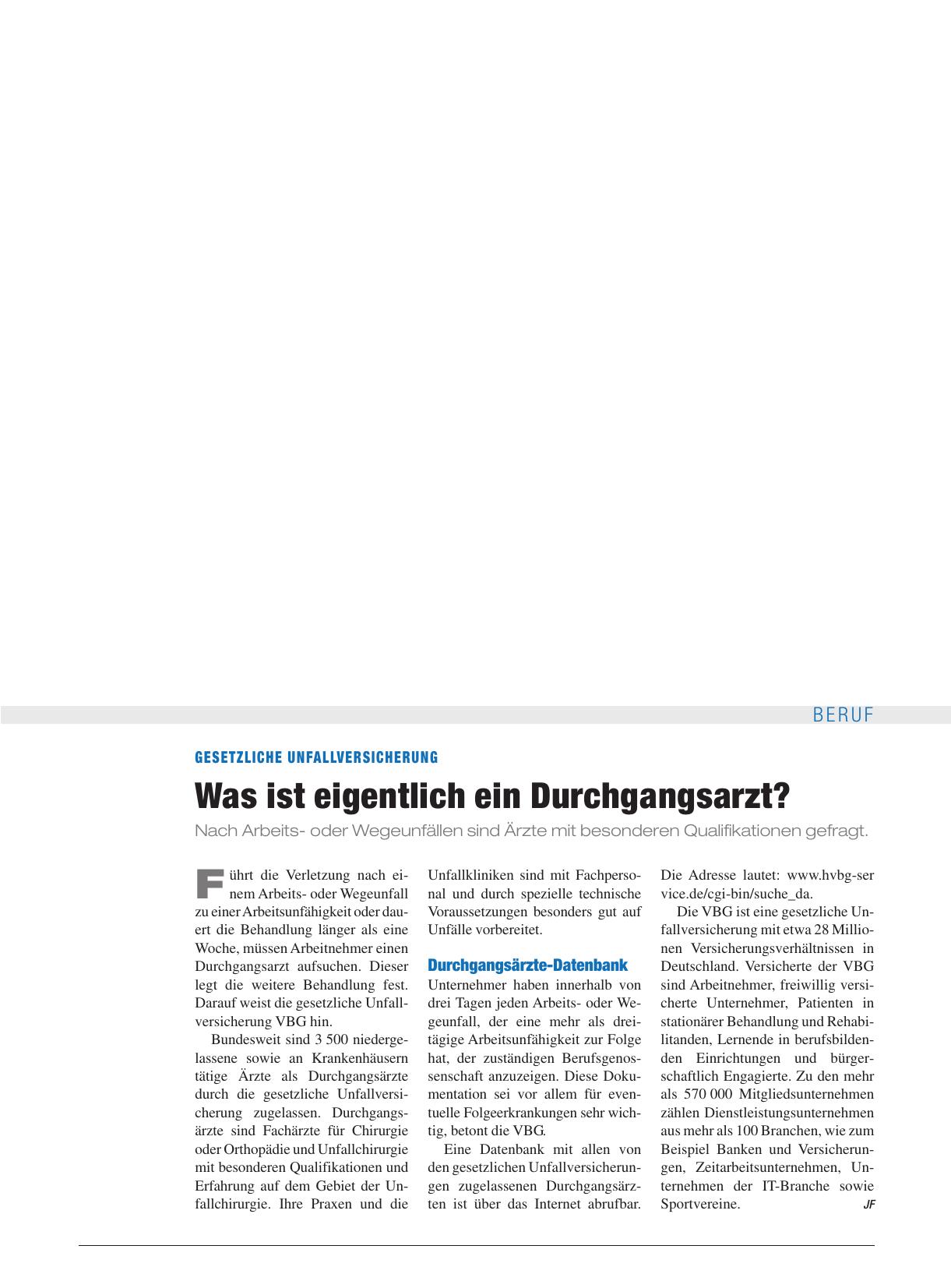 Vorschauseite 1: Gesetzliche Unfallversicherung: Was ist eigentlich ein Durchgangsarzt?