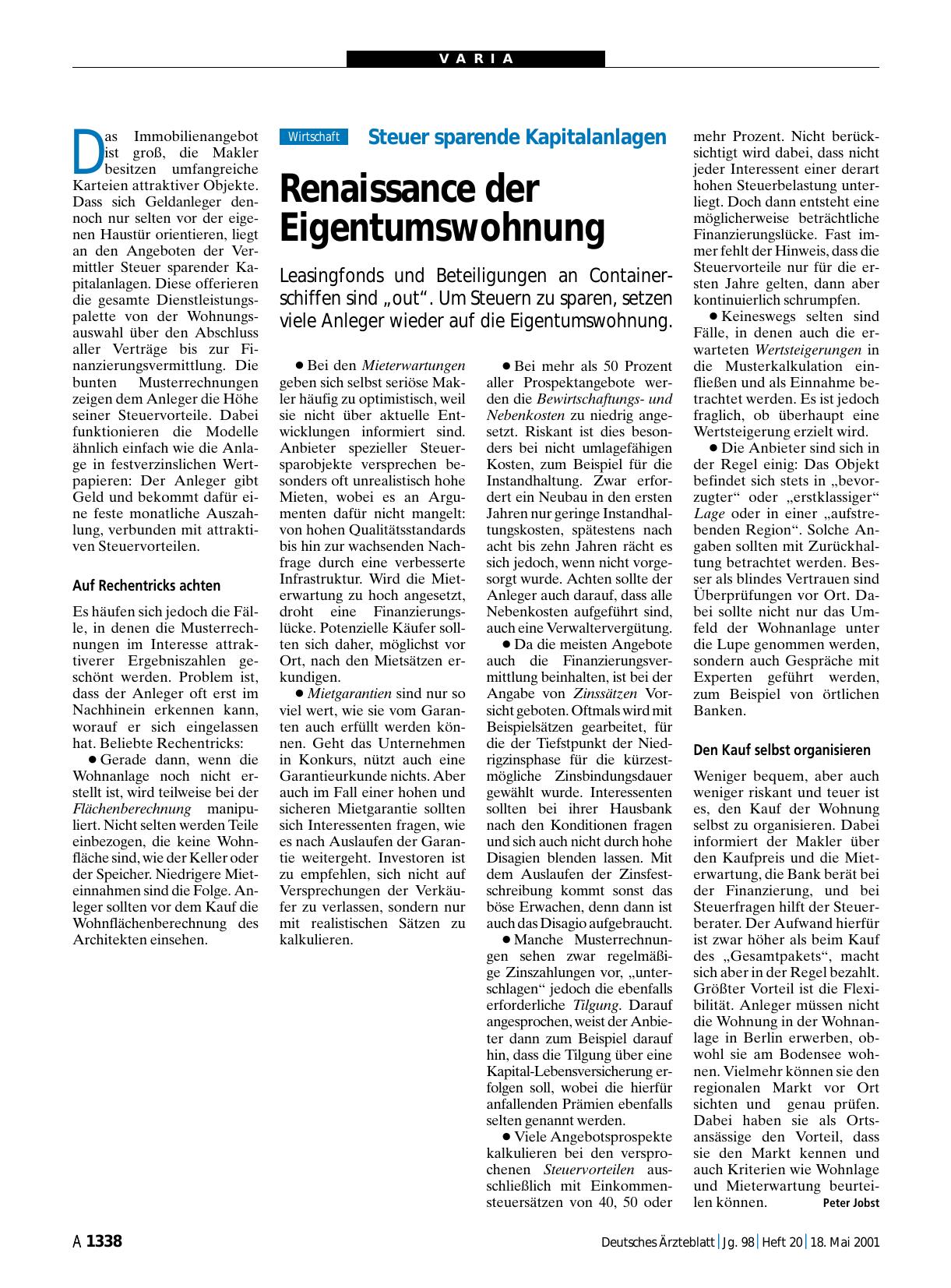 Vorschauseite 1: Steuer sparende Kapitalanlagen: Renaissance der Eigentumswohnung