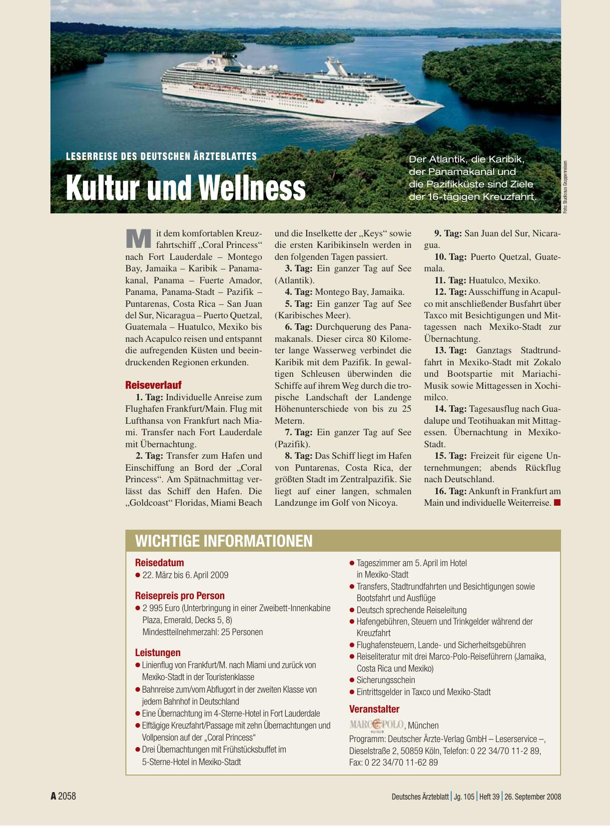 Vorschauseite 1: Leserreise des Deutschen Ärzteblattes: Kultur und Wellness
