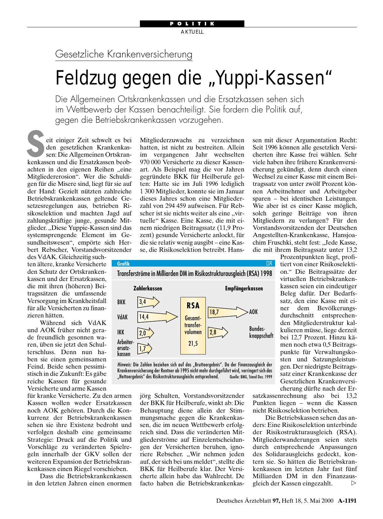 Vorschauseite 1: Gesetzliche Krankenversicherung: Feldzug gegen die „Yuppi-Kassen“