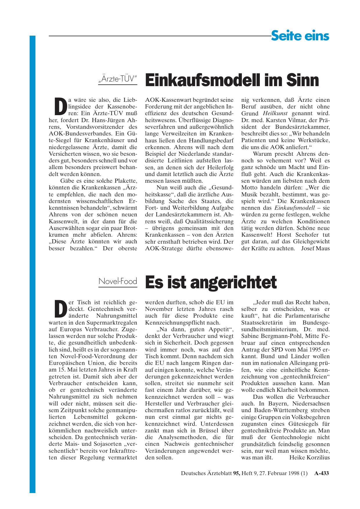 Vorschauseite 1: „Ärzte-TÜV„ Einkaufsmodell im Sinn