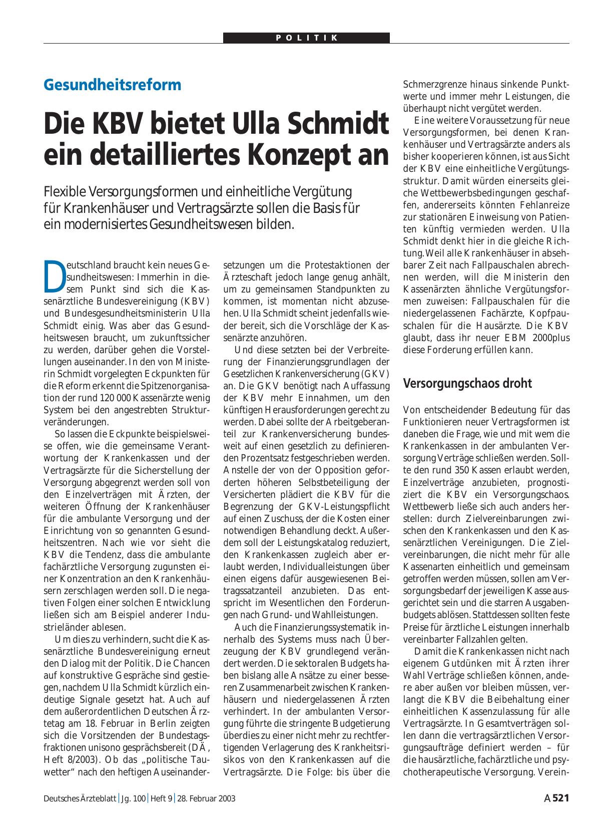 Vorschauseite 1: Gesundheitsreform: Die KBV bietet Ulla Schmidt ein detailliertes Konzept an