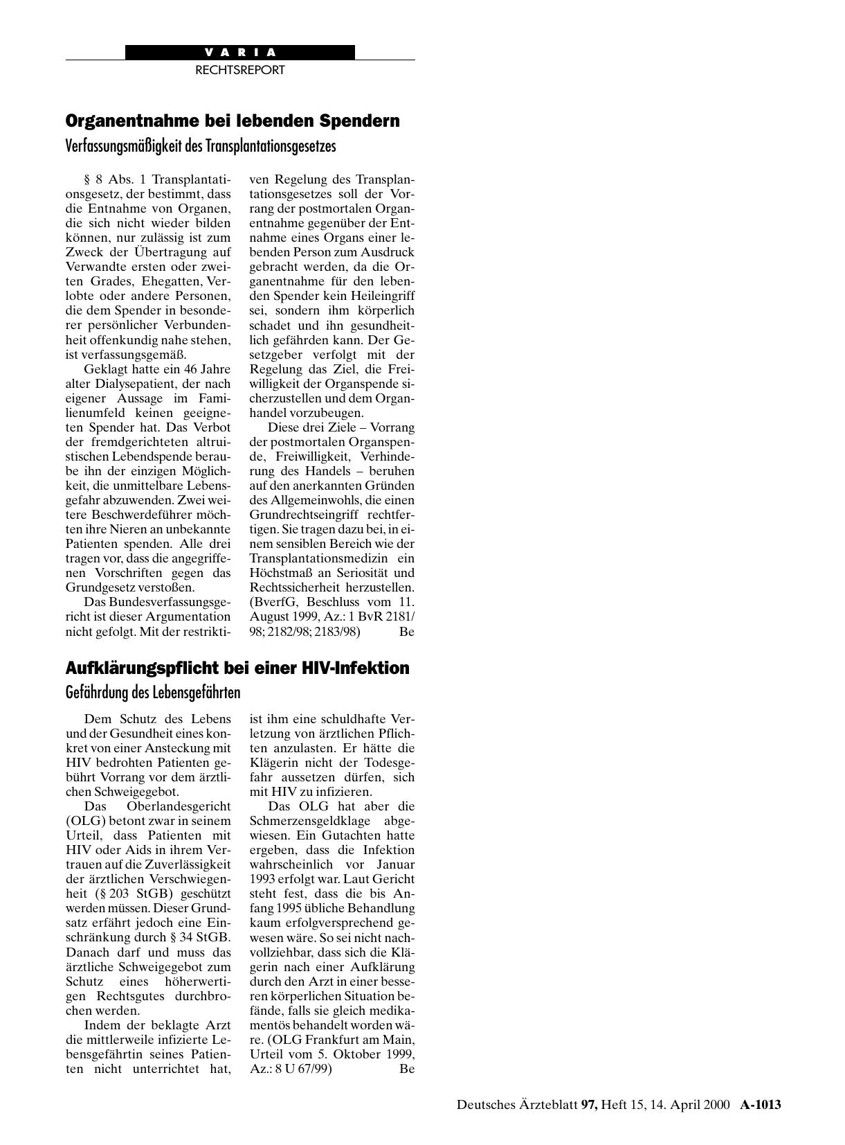 Vorschauseite 1: Organentnahme bei lebenden Spendern: Verfassungsmäßigkeit des Transplantationsgesetzes