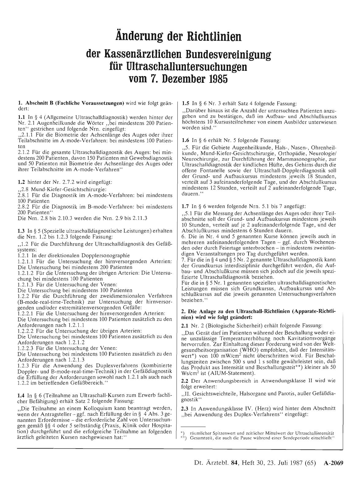 Vorschauseite 1: Änderung der Richtlinien der Kassenärztlichen Bundesvereinigung für Ultraschalluntersuchungen vom 7. Dezember 1985