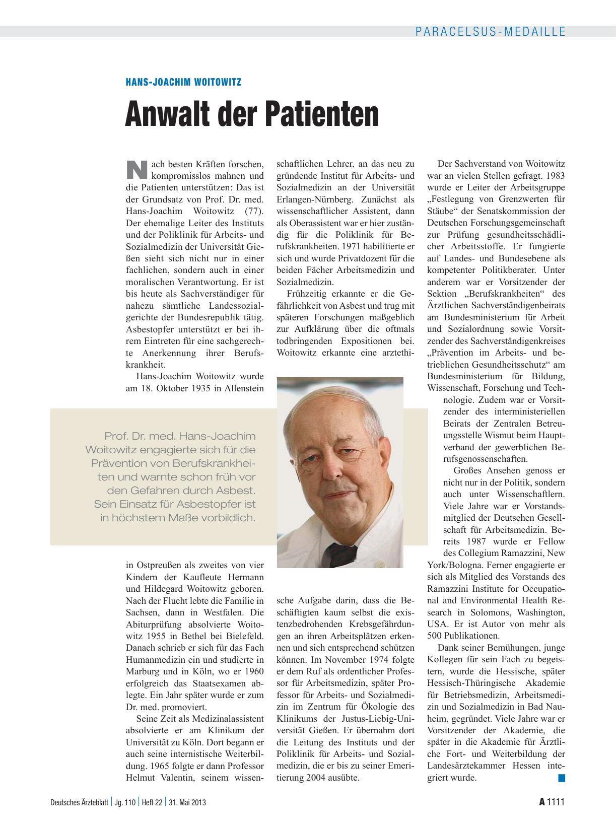 Vorschauseite 1: Hans-Joachim Woitowitz: Anwalt der Patienten