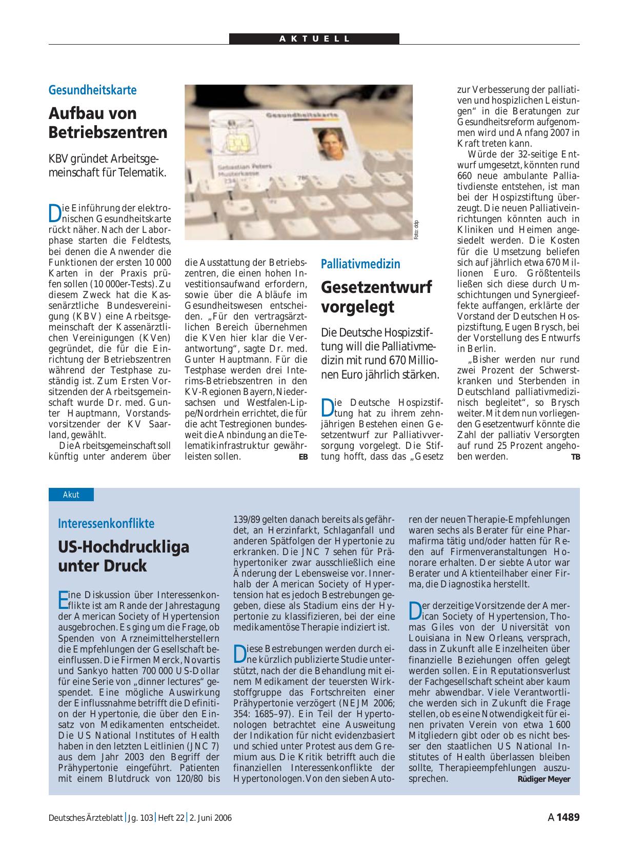 Vorschauseite 1: Palliativmedizin: Gesetzentwurf vorgelegt