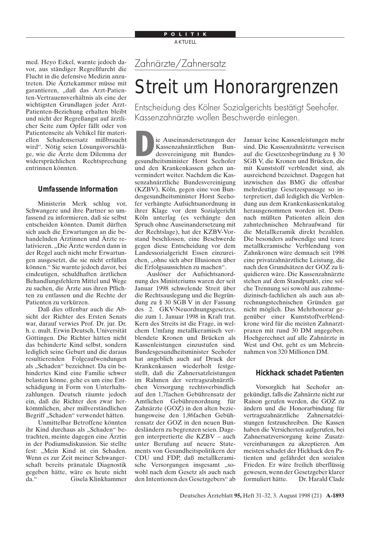 Vorschauseite 1: Zahnärzte/Zahnersatz: Streit um Honorargrenzen