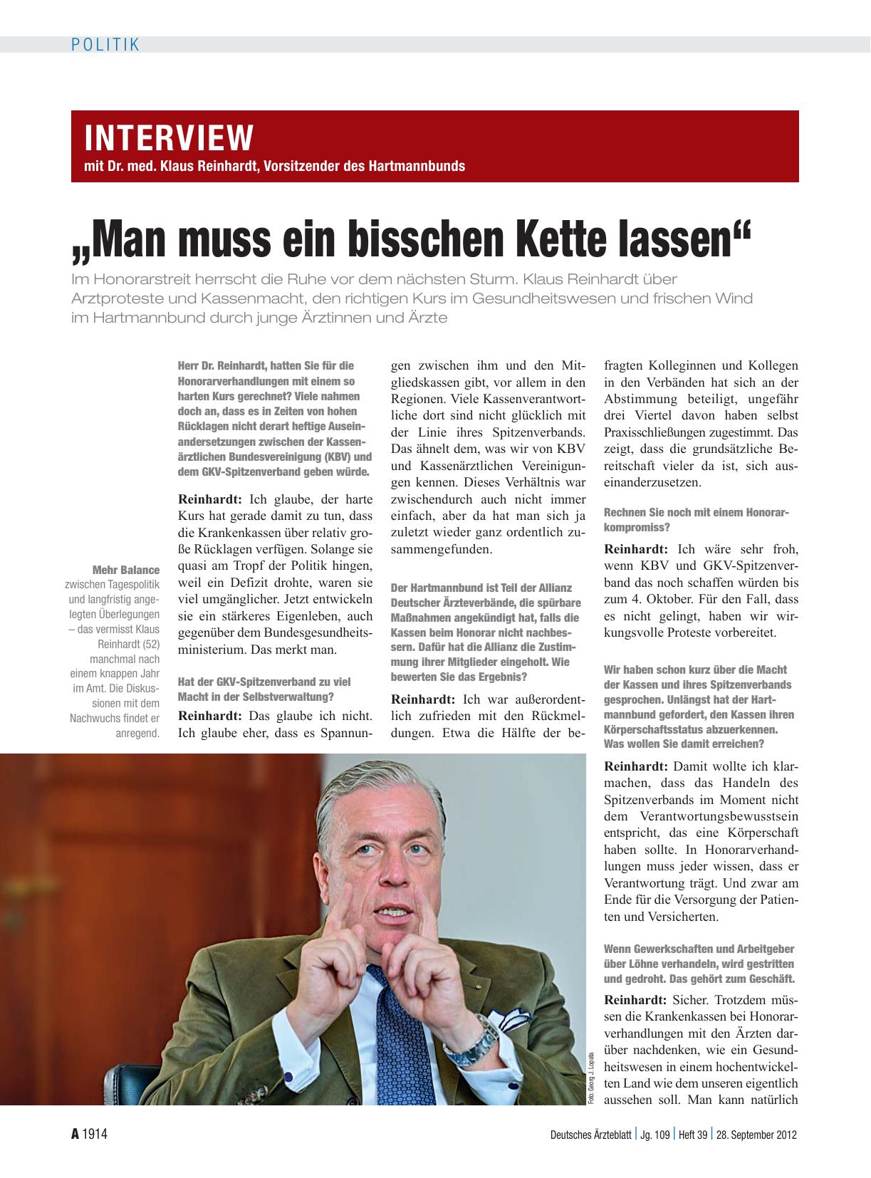 Vorschauseite 1: Interview mit Dr. med. Klaus Reinhardt, Vorsitzender des Hartmannbunds: „Man muss ein bisschen Kette lassen“