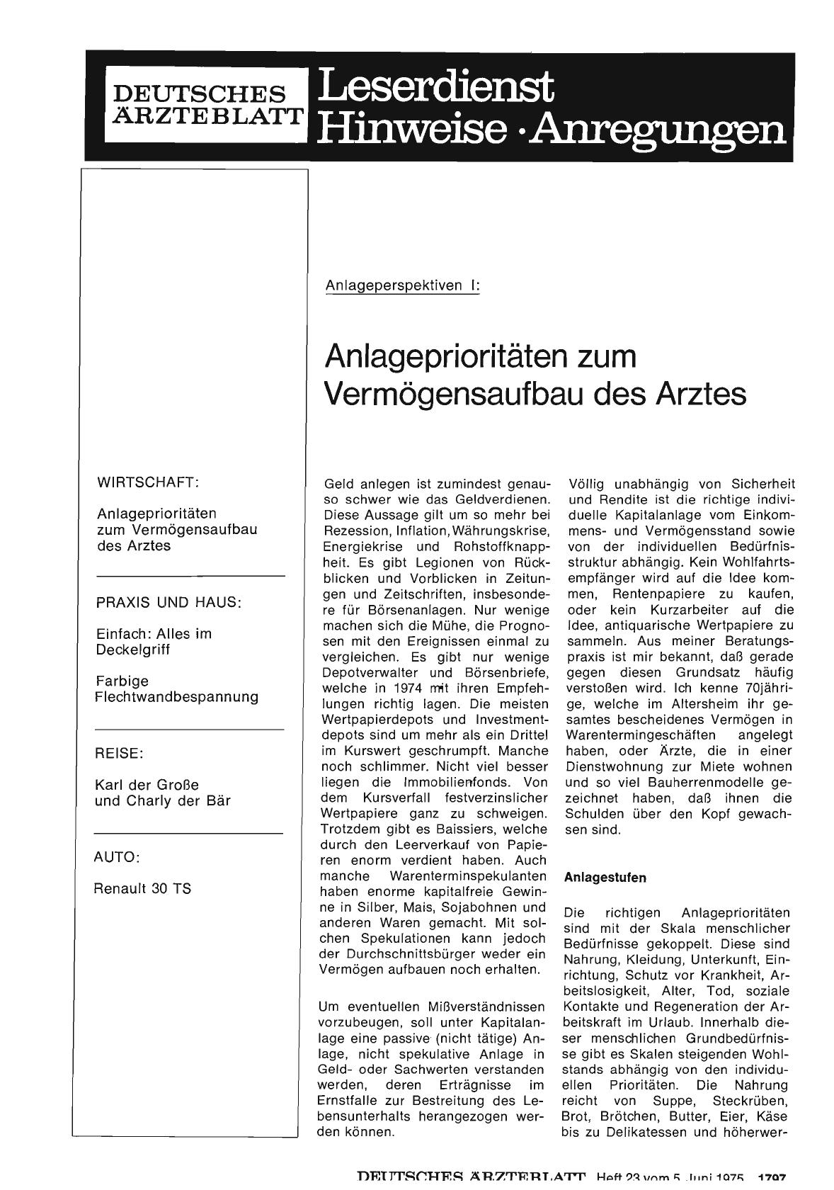 Vorschauseite 1: Anlageperspektiven 1: Anlageprioritäten zum Vermögensaufbau des Arztes