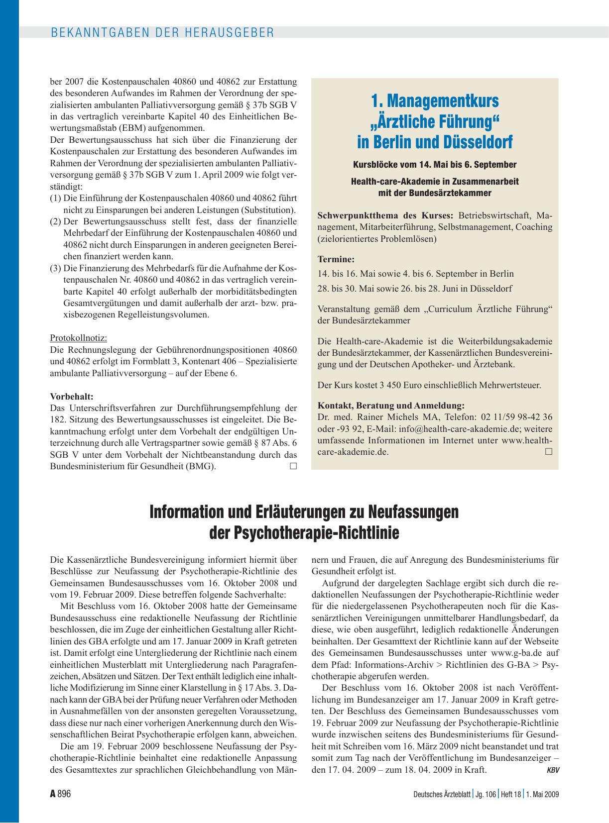Vorschauseite 1: 1. Managementkurs „Ärztliche Führung“ in Berlin und Düsseldorf
