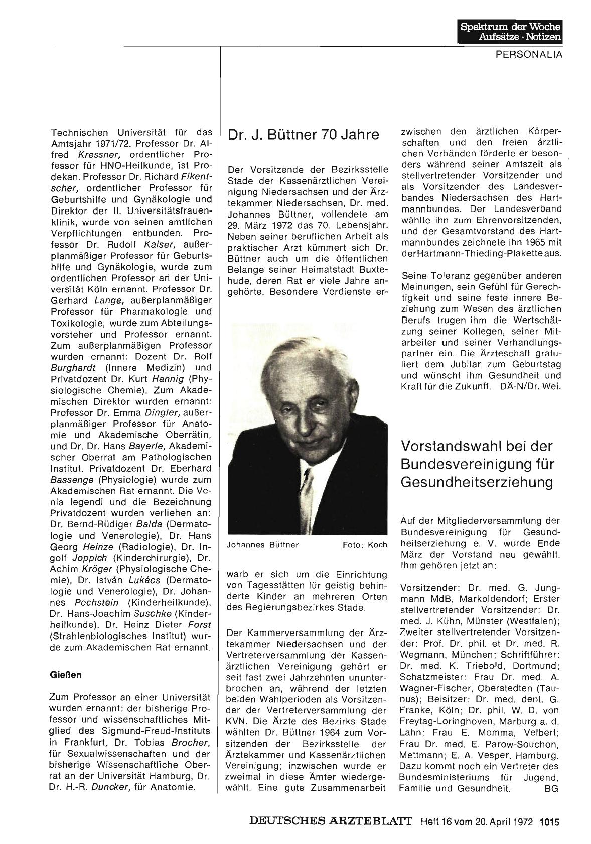 Vorschauseite 1: Dr. J. Büttner 70 Jahre