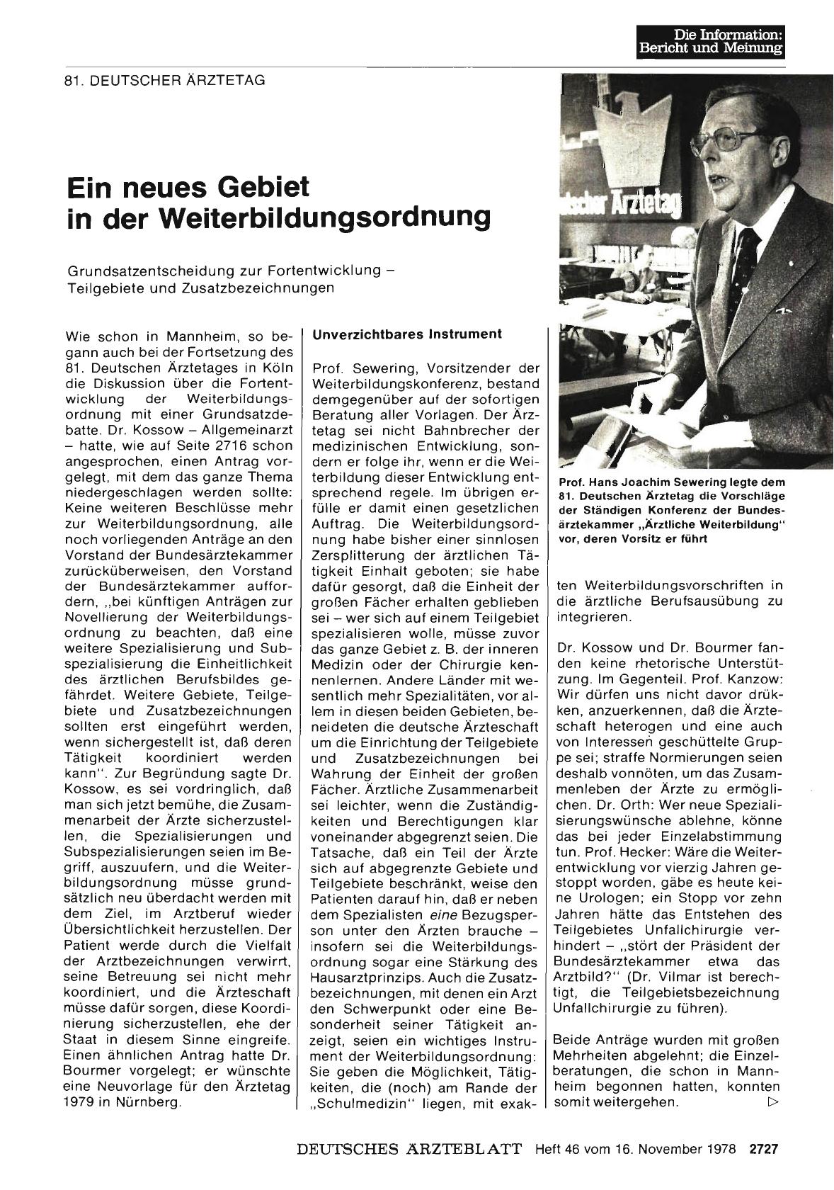 Vorschauseite 1: Ein neues Gebiet in der Weiterbildungsordnung: Grundsatzentscheidung zur Fortentwicklung — Teilgebiete und Zusatzbezeichnungen