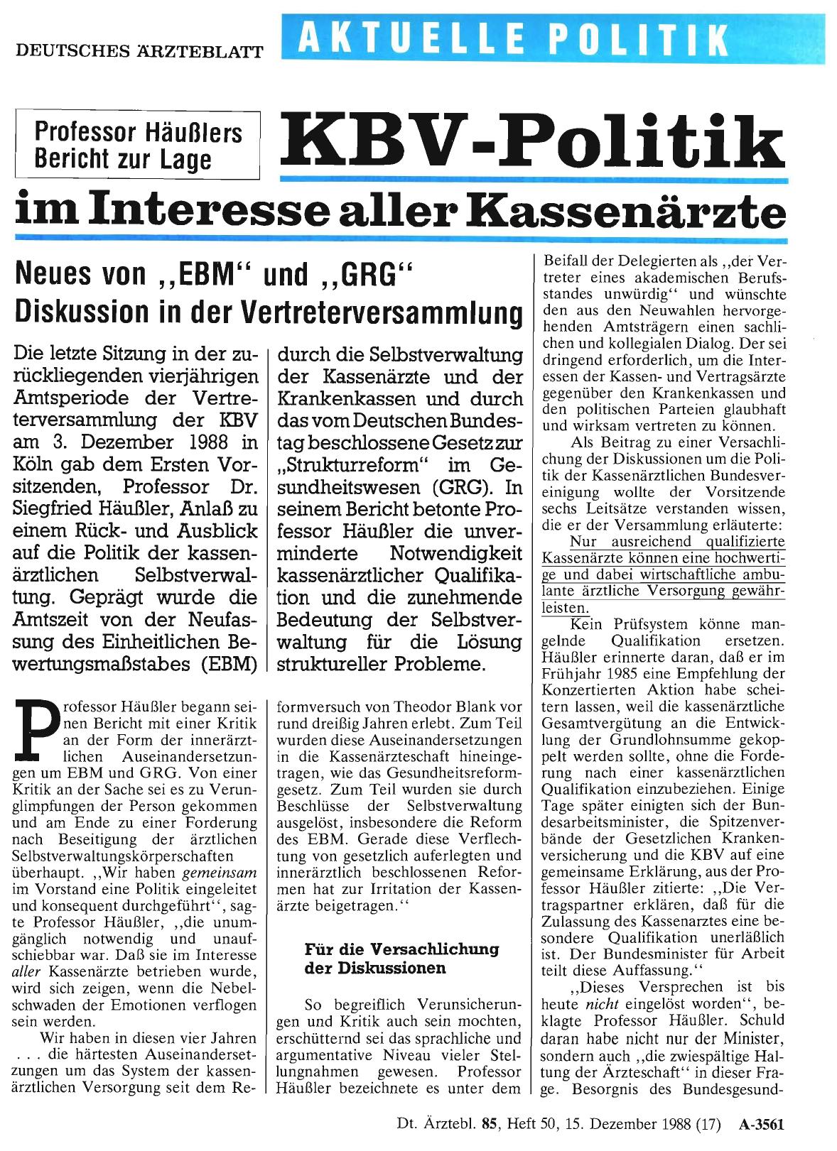 Vorschauseite 1: Professor Häußlers Bericht zur Lage: KBV-Politik im Interesse aller Kassenärzte