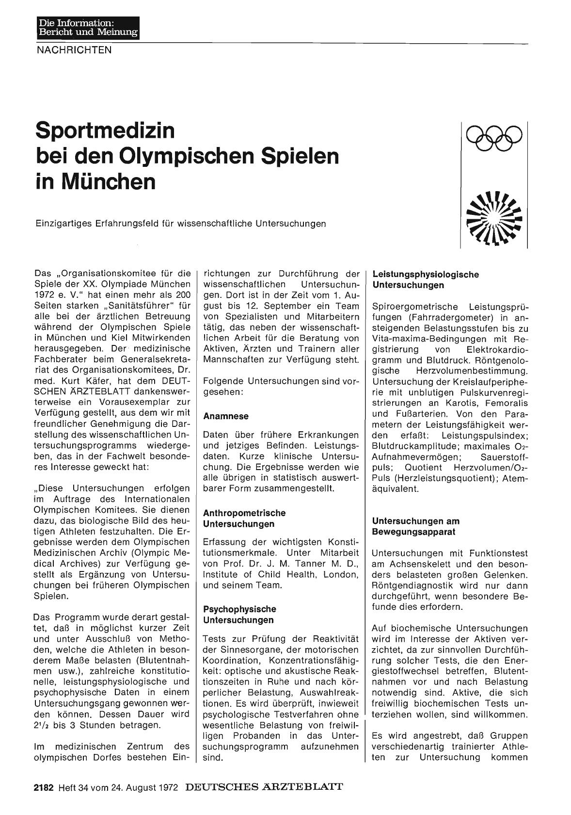 Vorschauseite 1: Sportmedizin bei den Olympischen Spielen in München: Einzigartiges Erfahrungsfeld für wissenschaftliche Untersuchungen