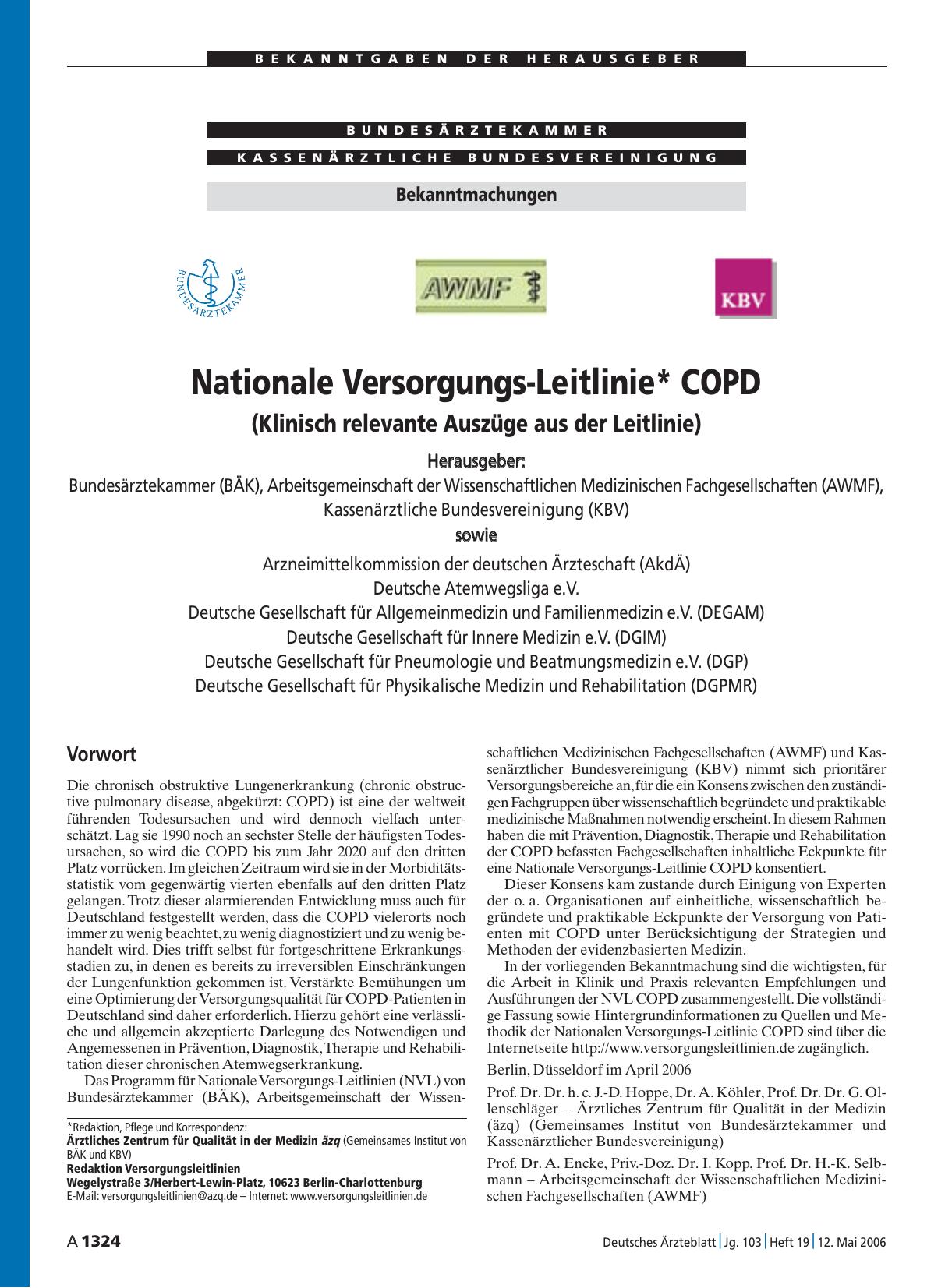 Vorschauseite 1: Nationale Versorgungs-Leitlinie* COPD: (Klinisch relevante Auszüge aus der Leitlinie)