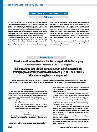 Vorschauseite 1: Erweitertes Bundesschiedsamt für die vertragsärztliche Versorgung: In dem Schiedsverfahren – Aktenzeichen BSA-Ä 1 – 16 – wurde folgender Rahmenvertrag über ein Entlassmanagement b…