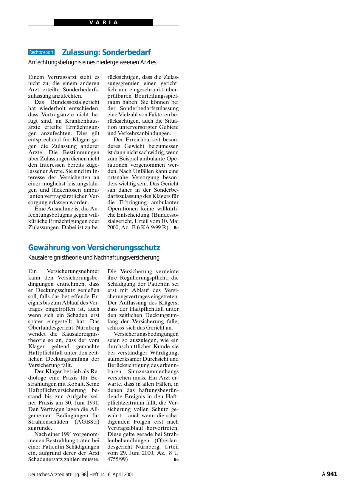 Vorschauseite 1: Zulassung: Sonderbedarf