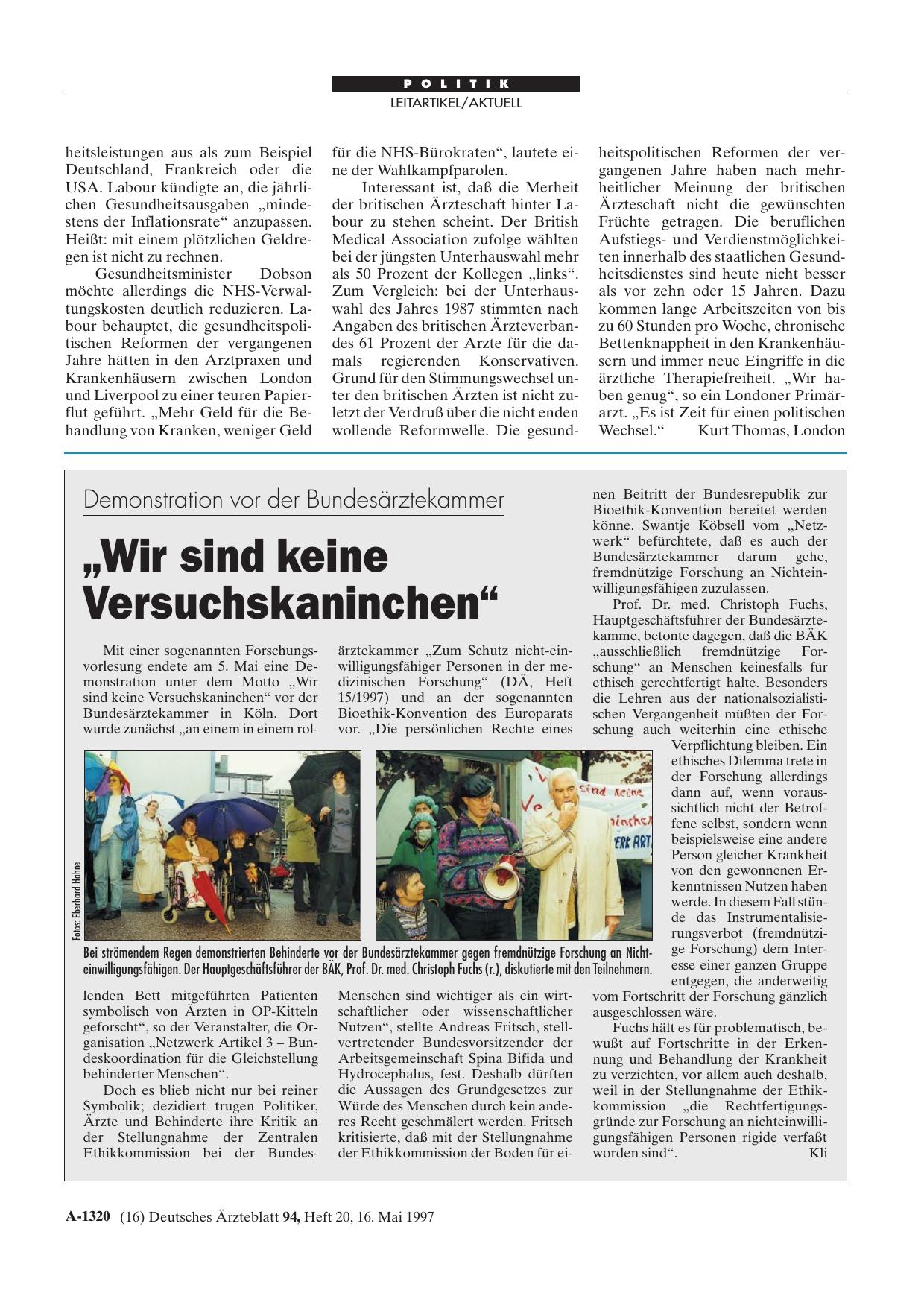 Vorschauseite 1: Demonstration vor der Bundesärztekammer: „Wir sind keine Versuchskaninchen“