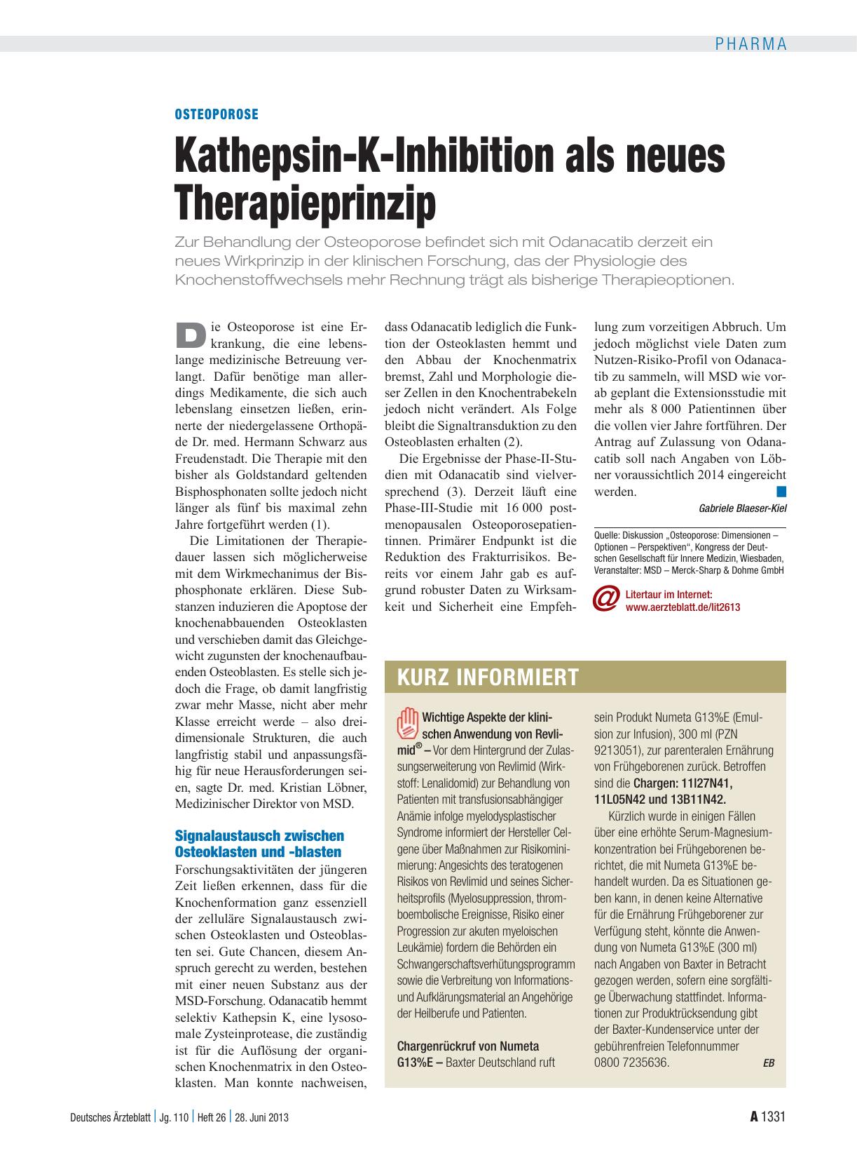 Vorschauseite 1: Osteoporose: Kathepsin-K-Inhibition als neues Therapieprinzip