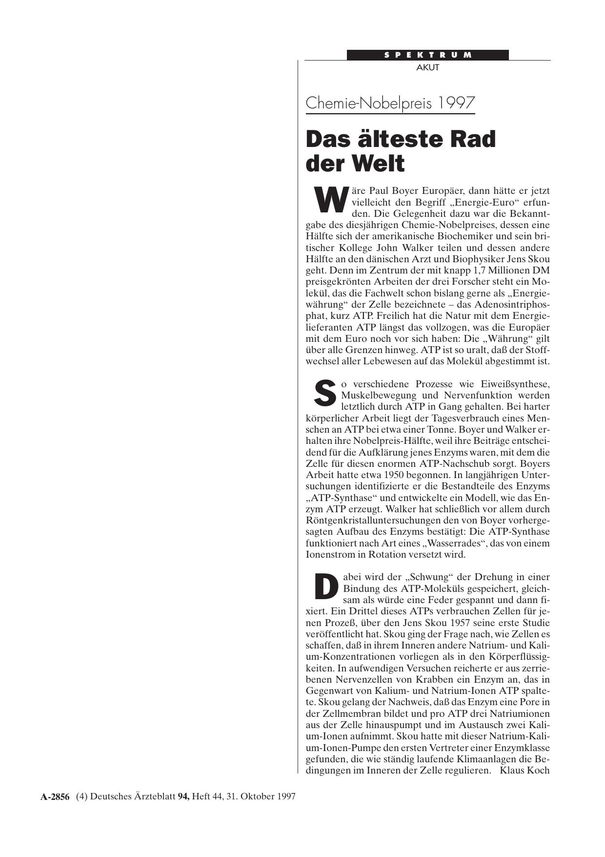 Vorschauseite 1: Chemie-Nobelpreis 1997: Das älteste Rad der Welt