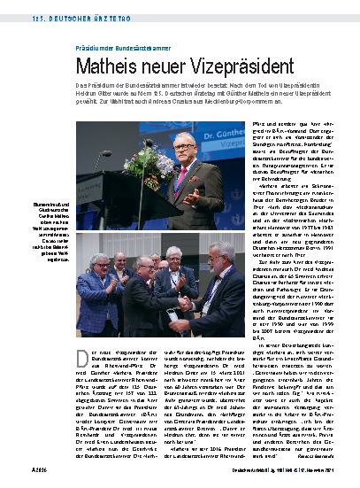 Vorschauseite 1: Präsidium der Bundesärztekammer: Matheis neuer Vizepräsident