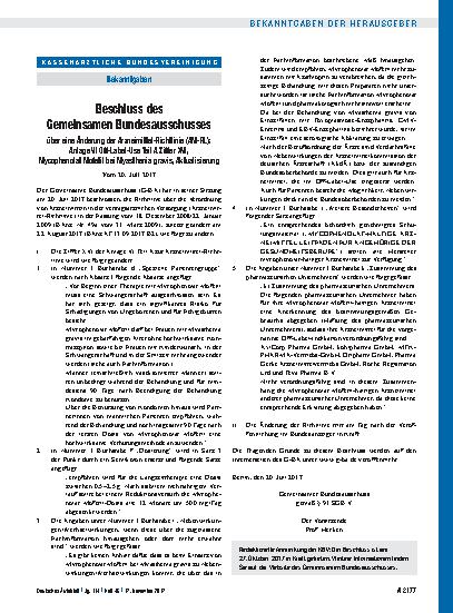 Vorschauseite 1: Beschluss des Gemeinsamen Bundesausschusses über eine Änderung der Arzneimittel-Richtlinie (AM-RL): Anlage VI Off-Label-Use Teil A Ziffer XVI, Mycophenolat Mofetil bei Myasthenia…