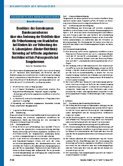 Vorschauseite 1: Beschluss des Gemeinsamen Bundesausschusses über eine Änderung der Richtlinie über die Früherkennung von Krankheiten bei Kindern bis zur Vollendung des 6. Lebensjahres (Kinder-Ric…