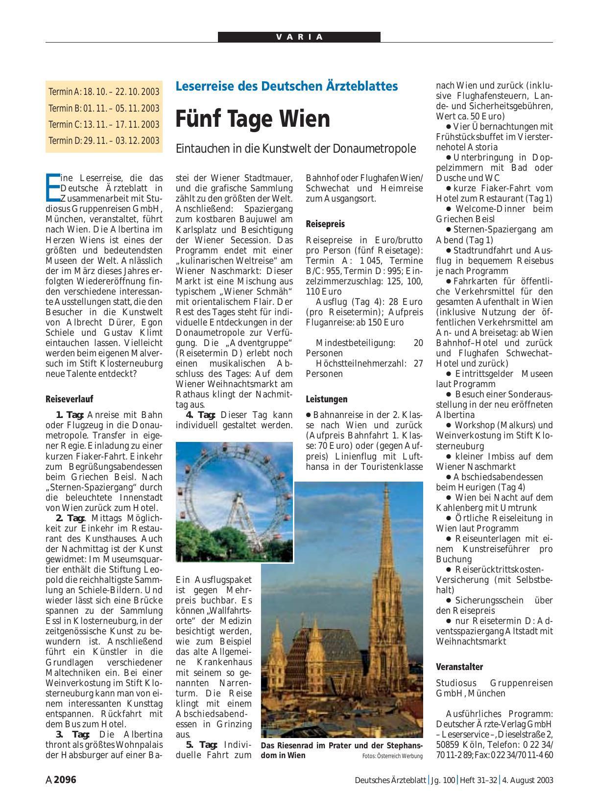Vorschauseite 1: Leserreise des Deutschen Ärzteblattes: Fünf Tage Wien