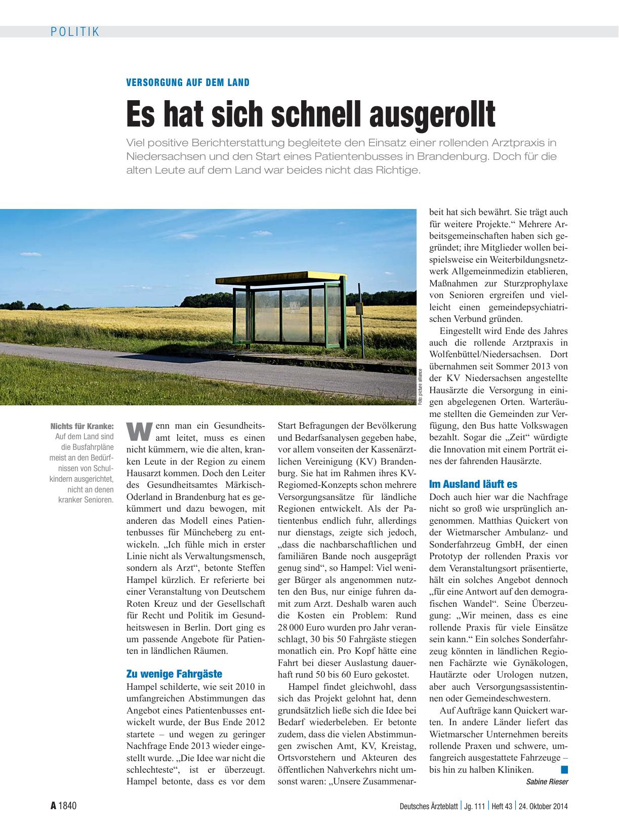 Vorschauseite 1: Versorgung auf dem Land: Es hat sich schnell ausgerollt