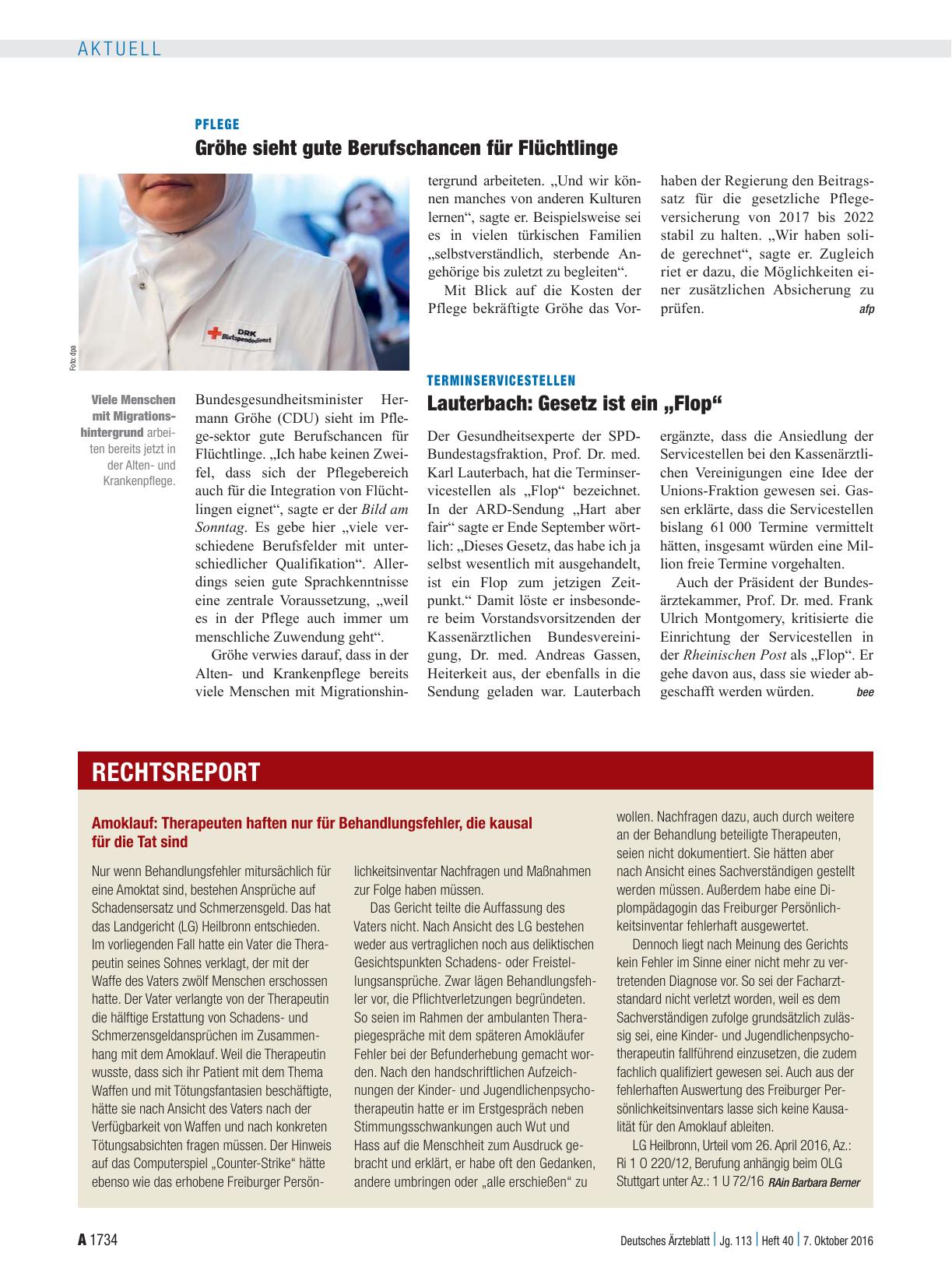 Vorschauseite 1: Pflege: Gröhe sieht gute Berufschancen für Flüchtlinge