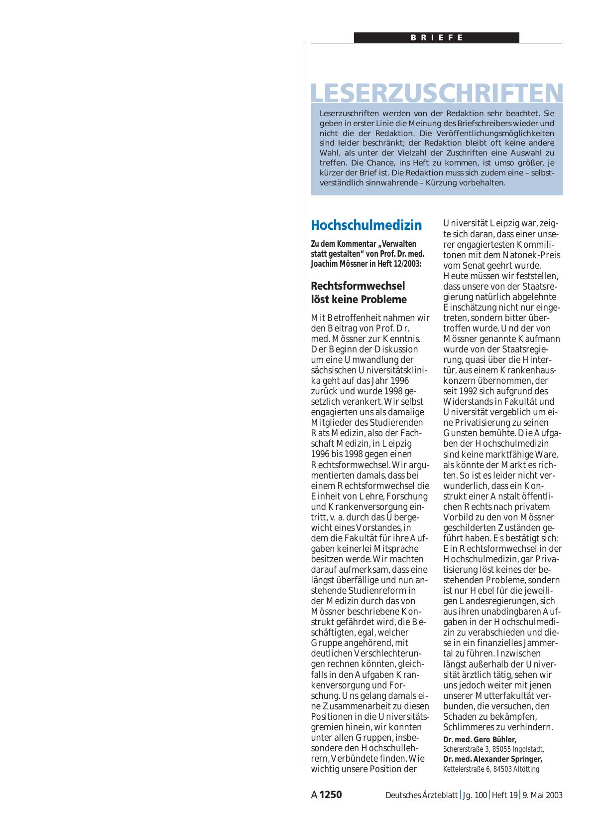 Vorschauseite 1: Hochschulmedizin: Rechtsformwechsel löst keine Probleme