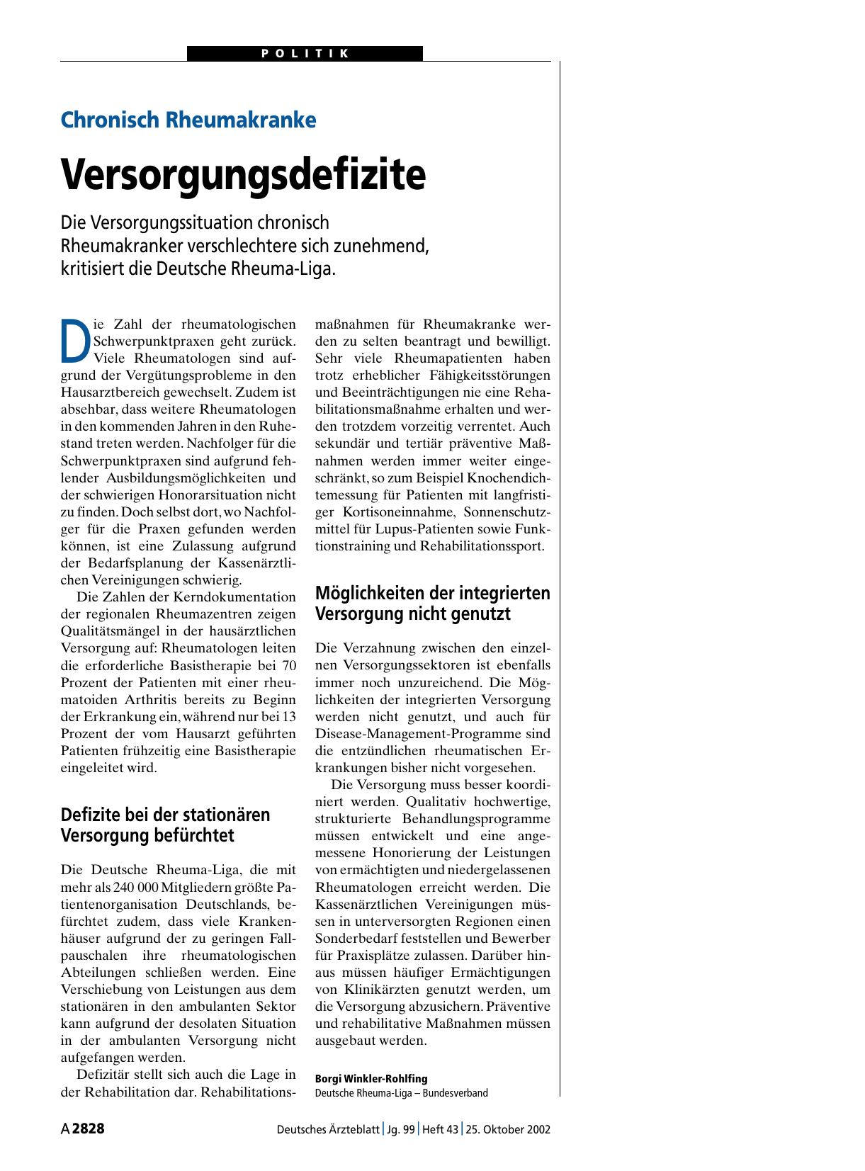 Vorschauseite 1: Chronisch Rheumakranke: Versorgungsdefizite
