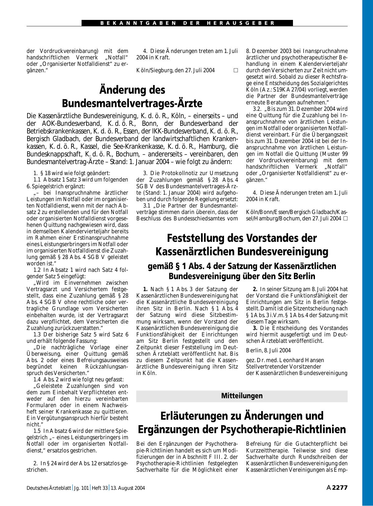 Vorschauseite 1: Änderung des Bundesmantelvertrages-Ärzte