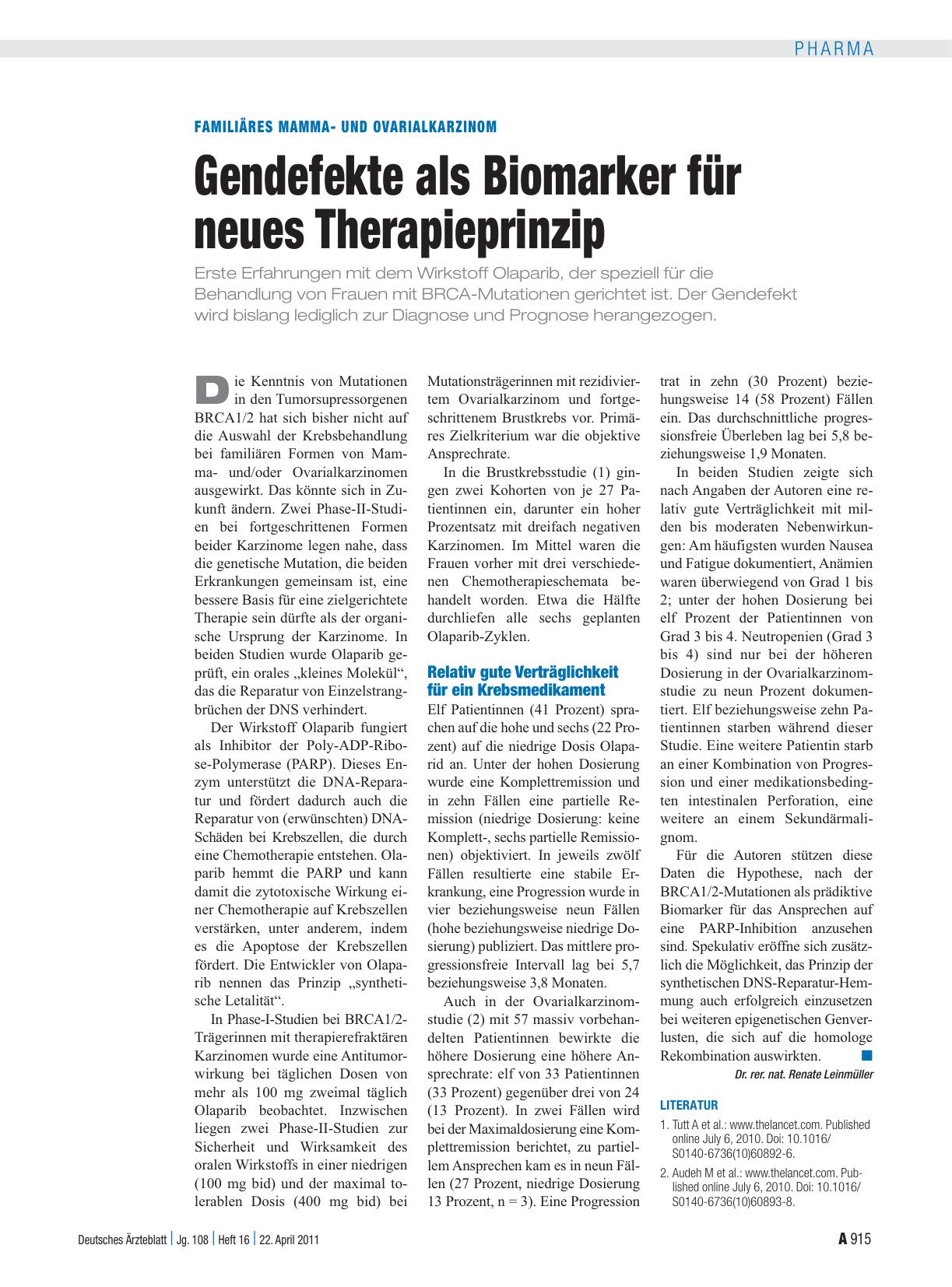 Vorschauseite 1: Familiäres Mammaund Ovarialkarzinom: Gendefekte als Biomarker für neues Therapieprinzip