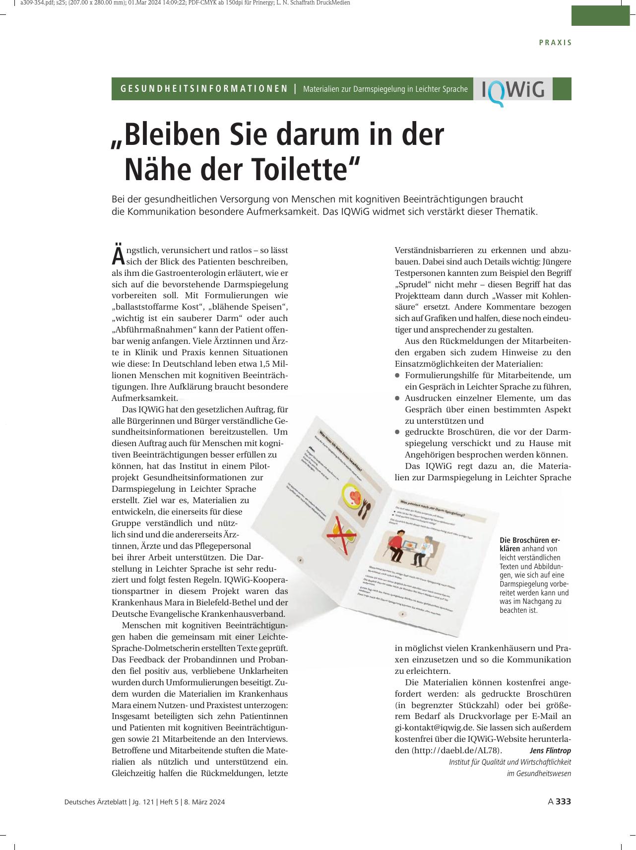 Vorschauseite 1: Materialien zur Darmspiegelung in Leichter Sprache: „Bleiben Sie darum in der Nähe der Toilette“