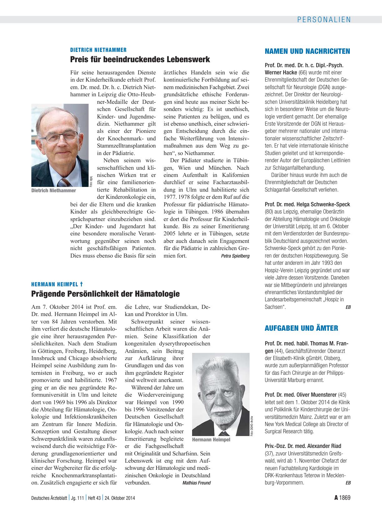 Vorschauseite 1: Hermann Heimpel †: Prägende Persönlichkeit der Hämatologie
