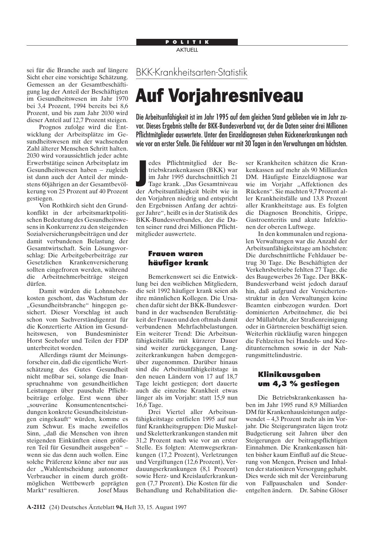 Vorschauseite 1: BKK-Krankheitsarten-Statistik: Auf Vorjahresniveau
