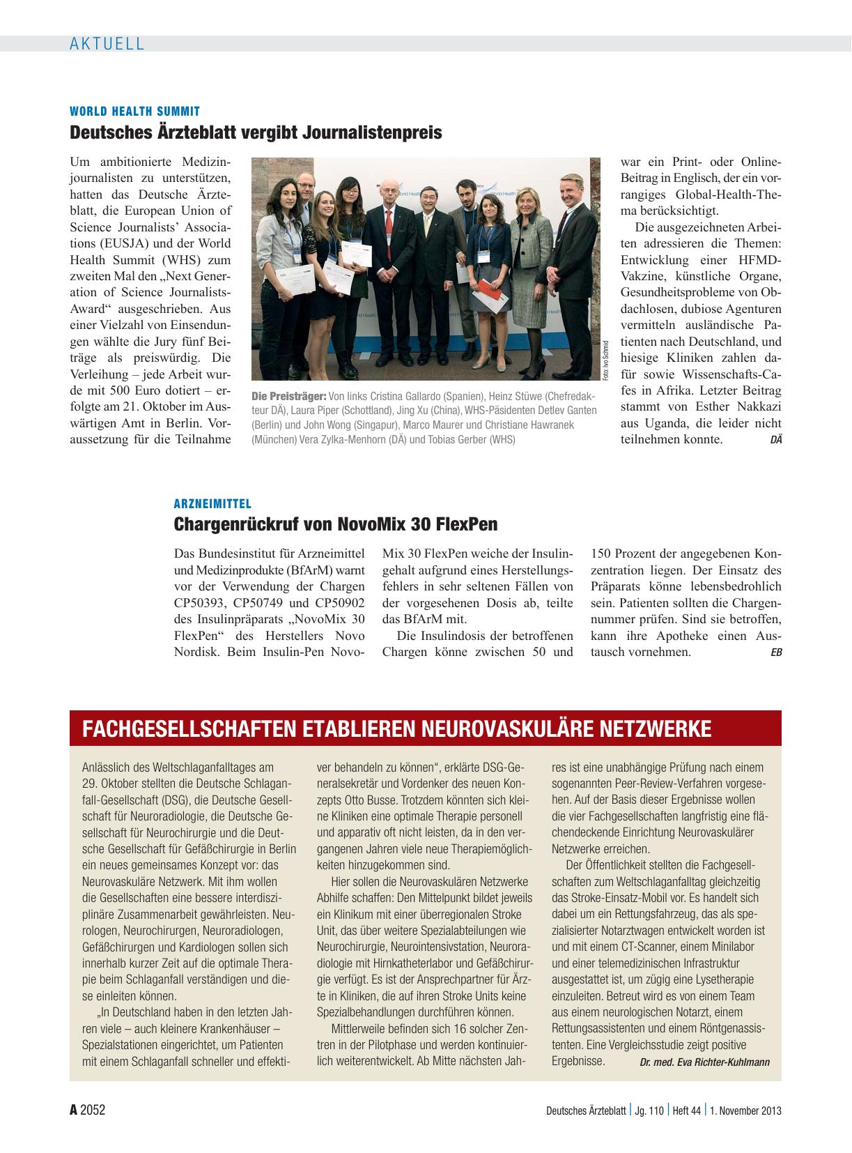 Vorschauseite 1: World Health Summit: Deutsches Ärzteblatt vergibt Journalistenpreis