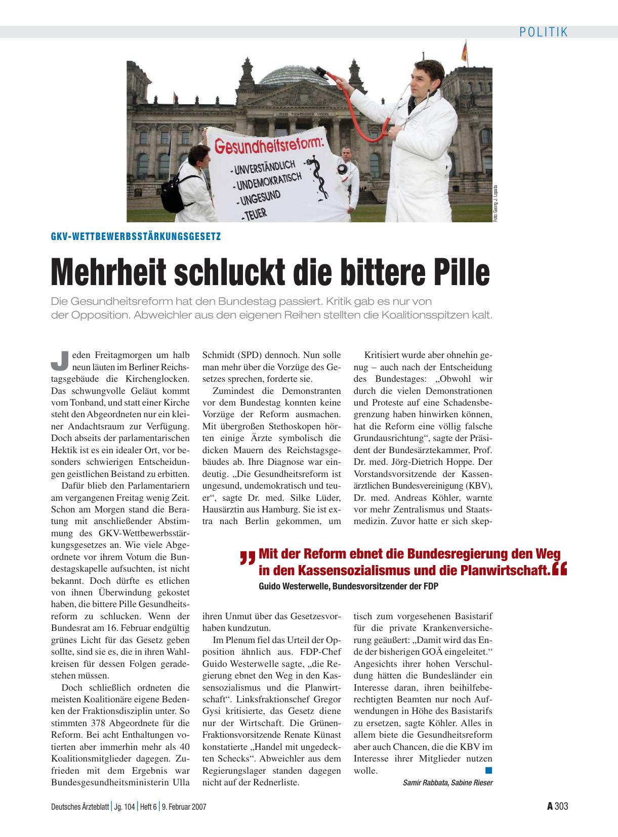 Vorschauseite 1: GKV-Wettbewerbsstärkungsgesetz: Mehrheit schluckt die bittere Pille