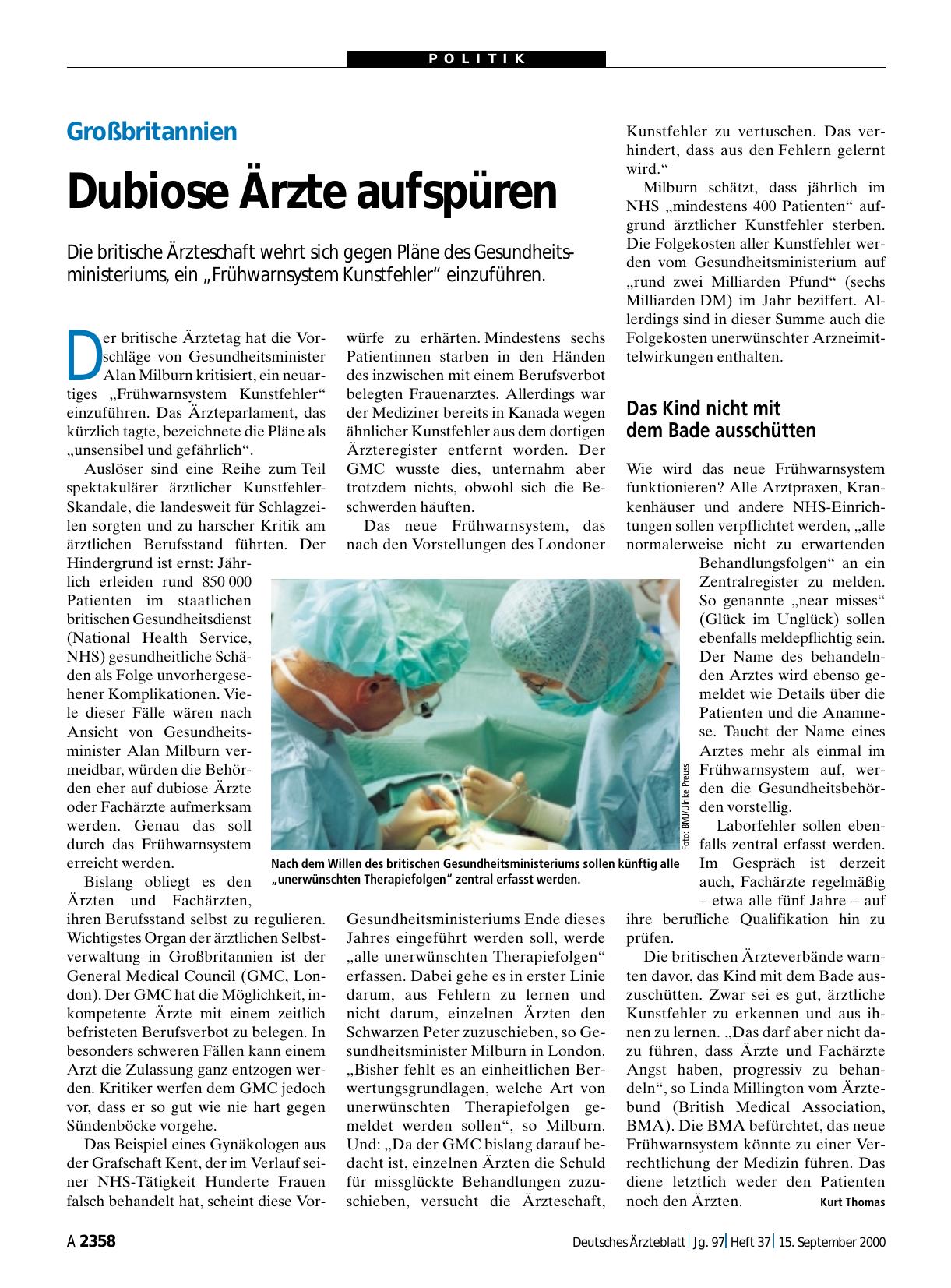 Vorschauseite 1: Großbritannien: Dubiose Ärzte aufspüren