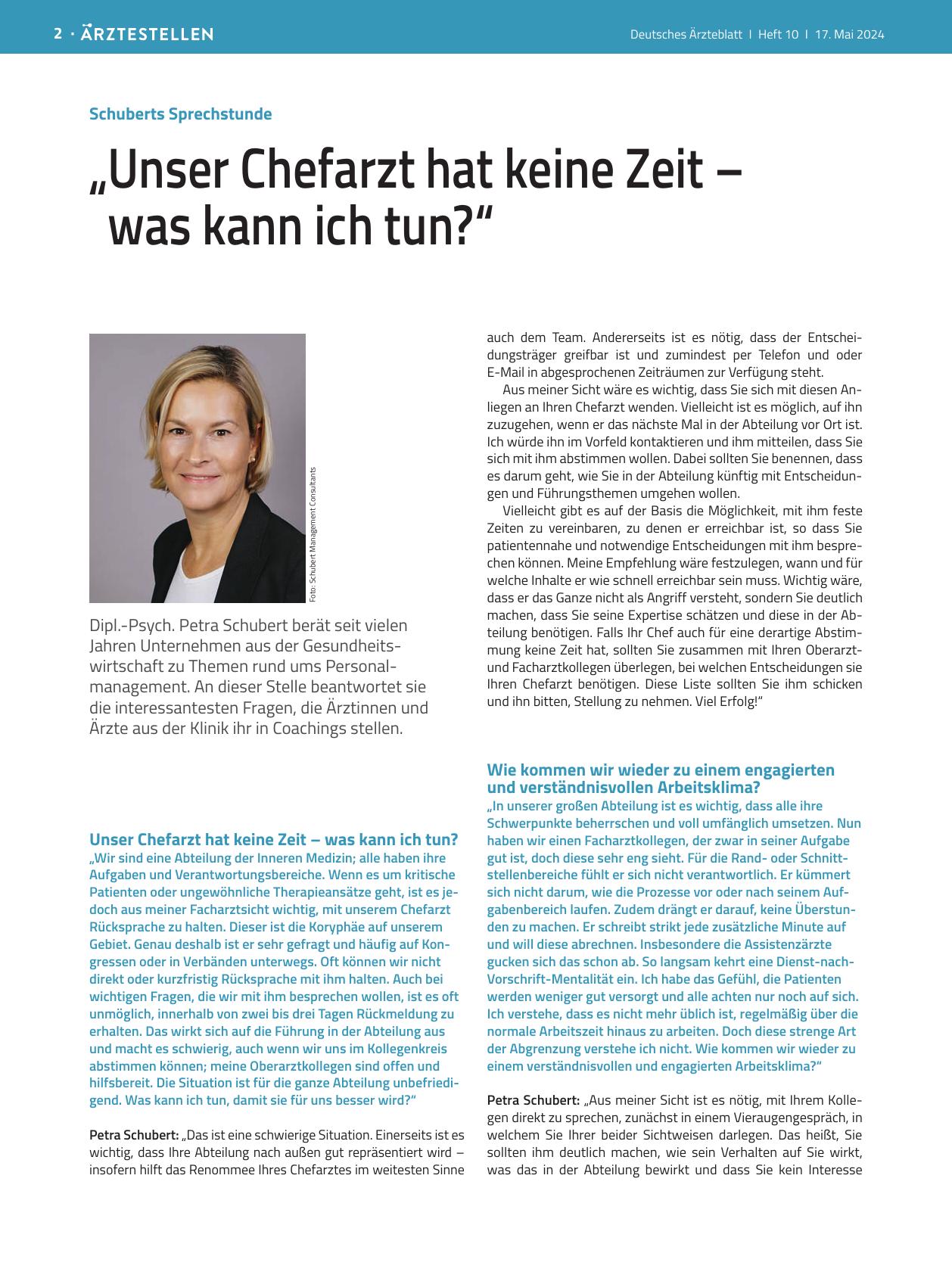 Vorschauseite 1: Schuberts Sprechstunde: „Unser Chefarzt hat keine Zeit – was kann ich tun? “
