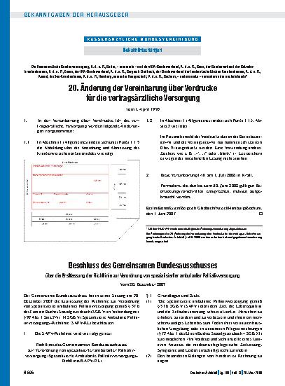 Vorschauseite 1: Bekanntmachungen: Beschluss des Gemeinsamen Bundesausschusses über die Erstfassung der Richtlinie zur Verordnung von spezialisierter ambulanter Palliativversorgung vom 20. Dezembe…