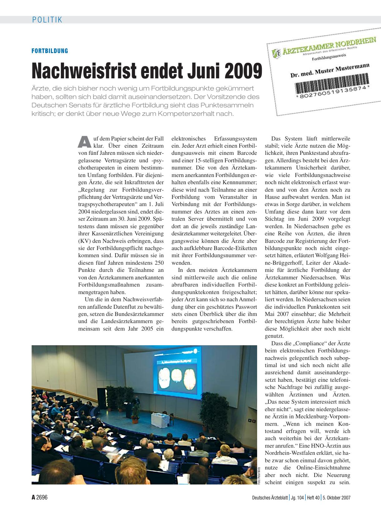 Vorschauseite 1: Fortbildung: Nachweisfrist endet Juni 2009