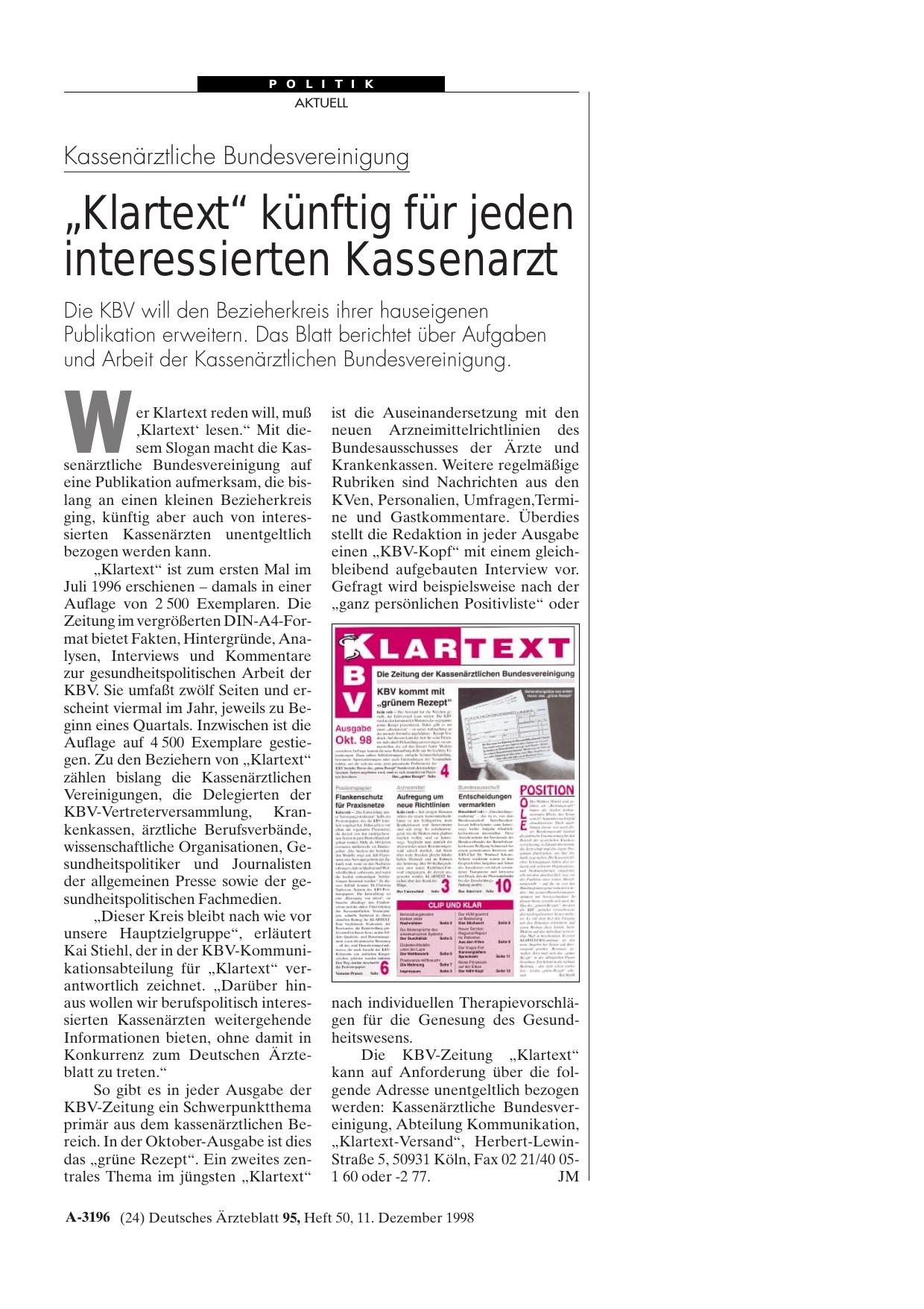 Vorschauseite 1: Kassenärztliche Bundesvereinigung: „Klartext“ künftig für jeden interessierten Kassenarzt