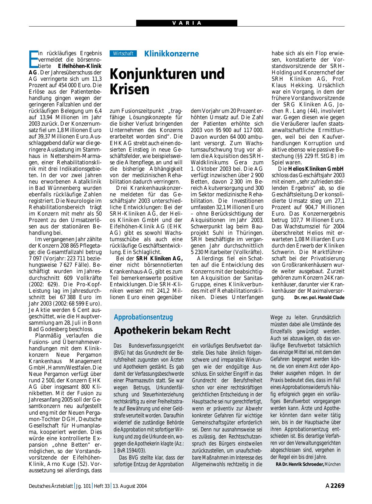 Vorschauseite 1: Klinikkonzerne: Konjunkturen und Krisen