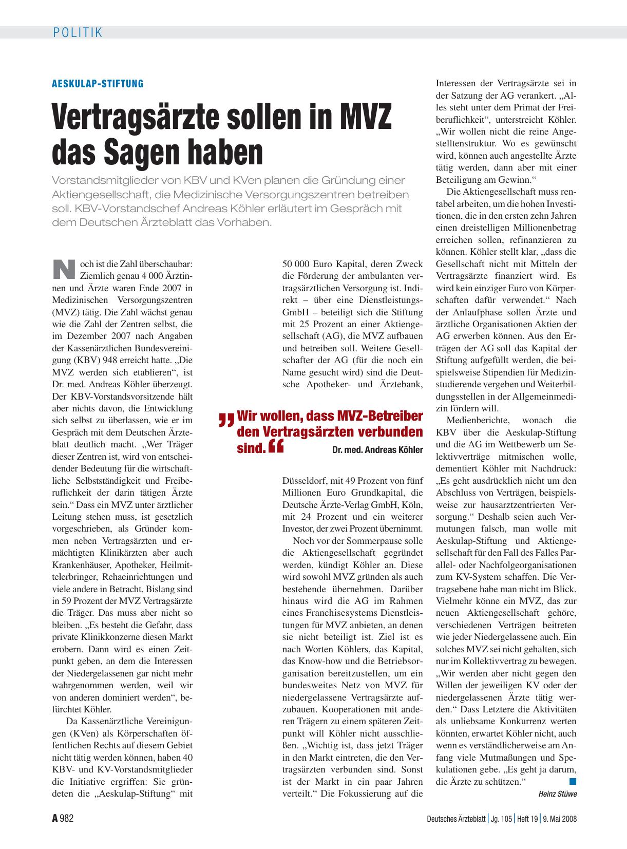 Vorschauseite 1: Aeskulap-Stiftung: Vertragsärzte sollen in MVZ das Sagen haben