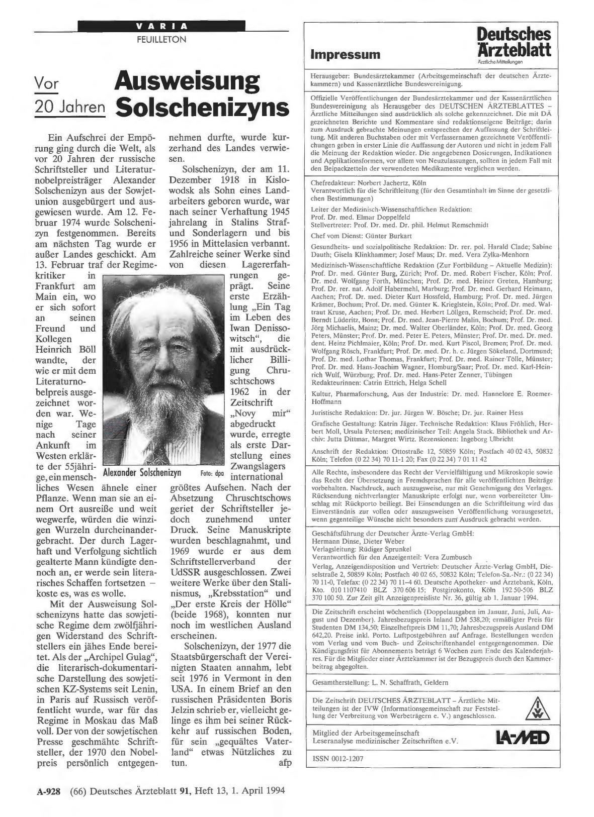 Vorschauseite 1: Vor 20 Jahren: Ausweisung Solschenizyns