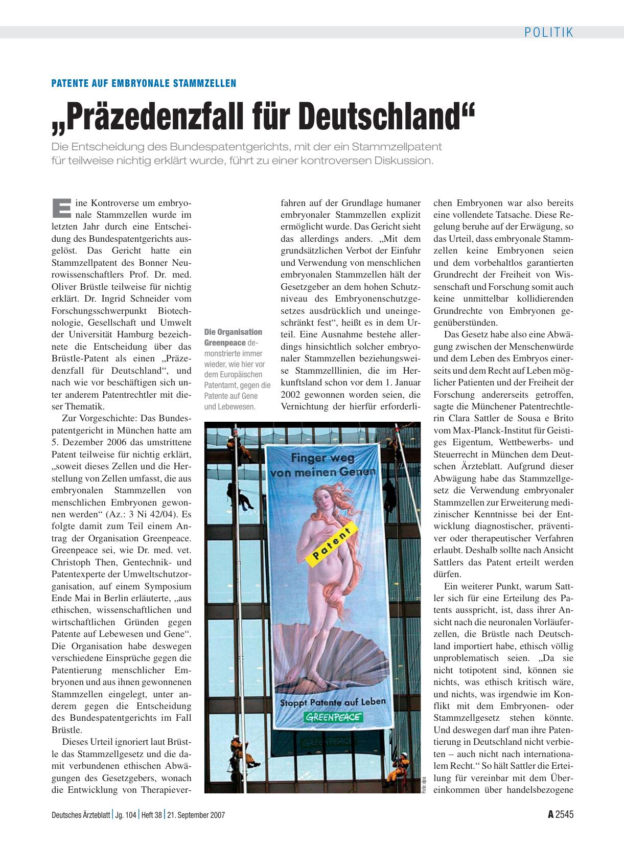 Vorschauseite 1: Patente auf embryonale Stammzellen: „Präzedenzfall für Deutschland“