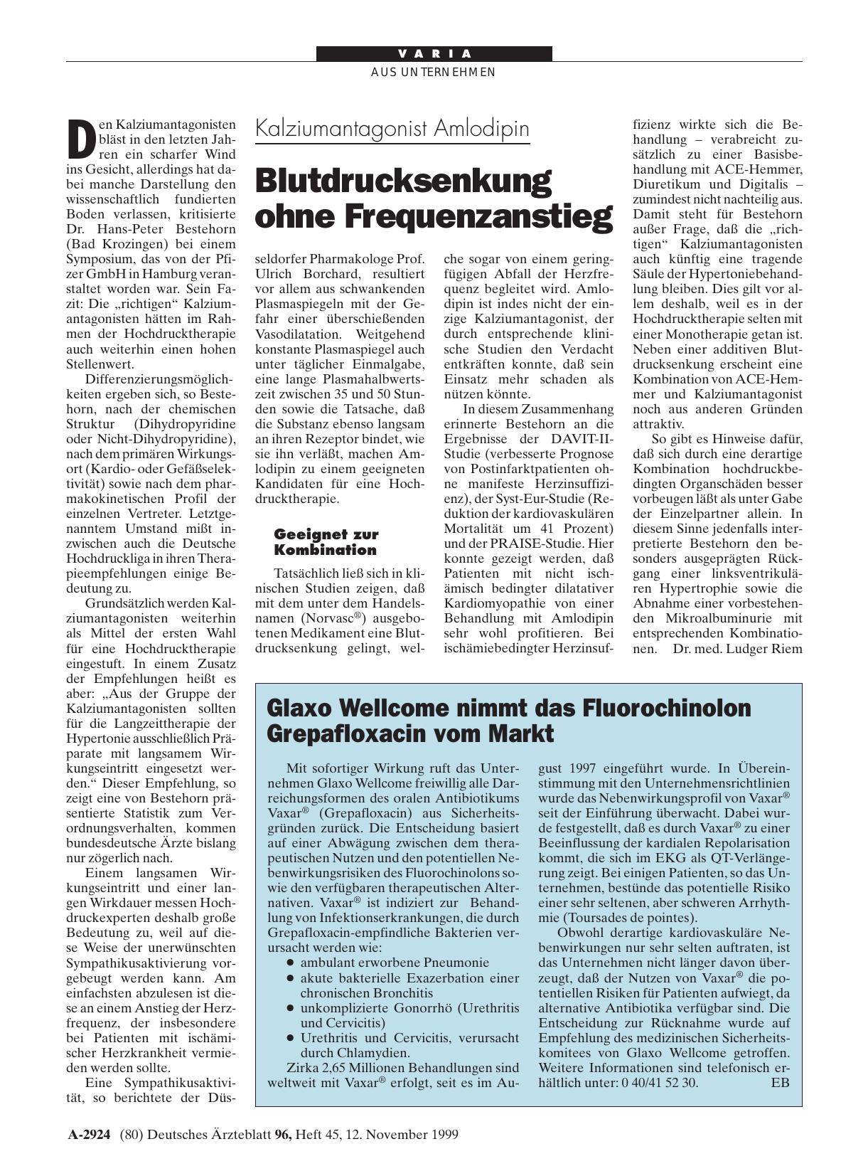 Vorschauseite 1: Glaxo Wellcome nimmt das Fluorochinolon Grepafloxacin vom Markt